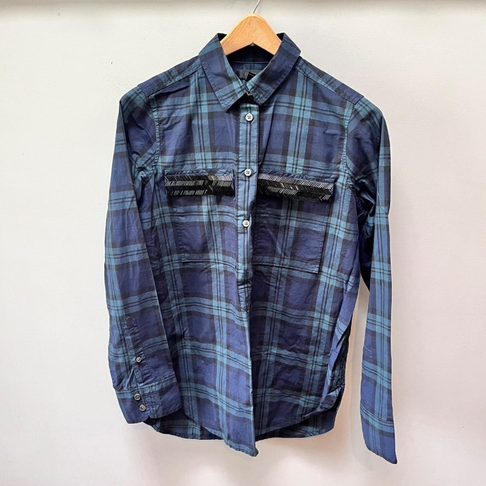 J Crew Beaded Chevron Plaid Pullover Top Blue Green‎ Size 0